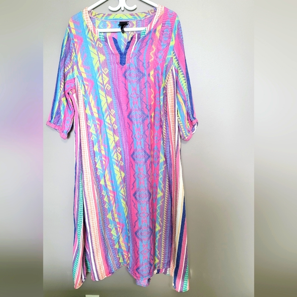 Ulla Popken Plus Size Colorful Geometric Patterned Dress Woven Linen 16/18